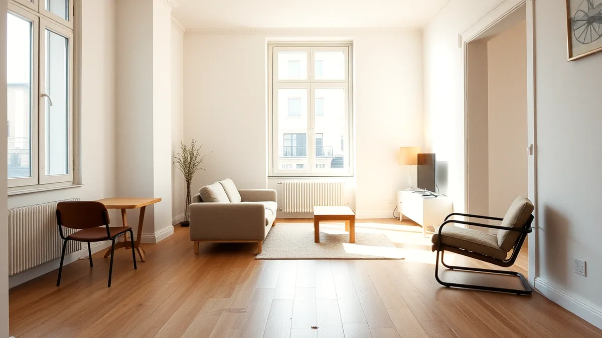 Soggiorno con parquet chiaro e finestra alta che guarda la strada
