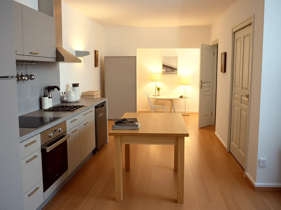 Cucina abitabile con piano in pietra e tavolo basso in legno