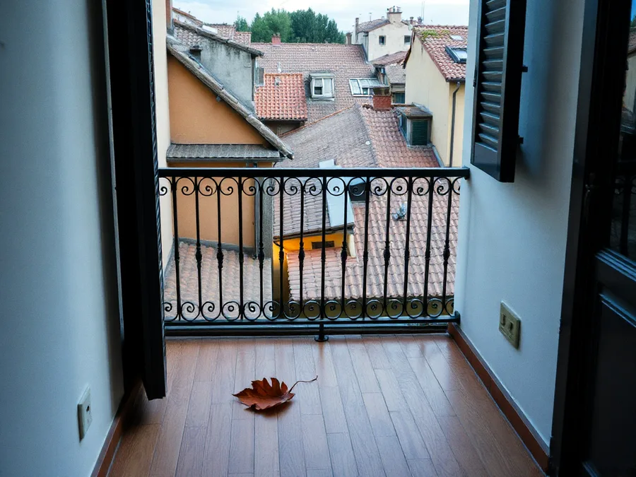 Terrazza con ringhiera in ferro e vista sui tetti del quartiere