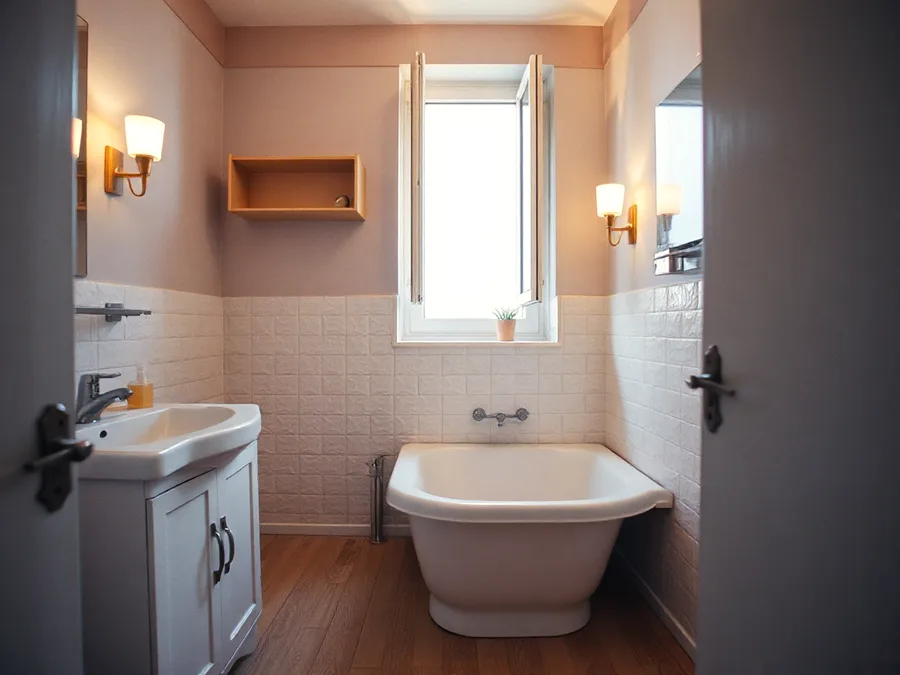 Bagno con rivestimento chiaro e finestra apribile